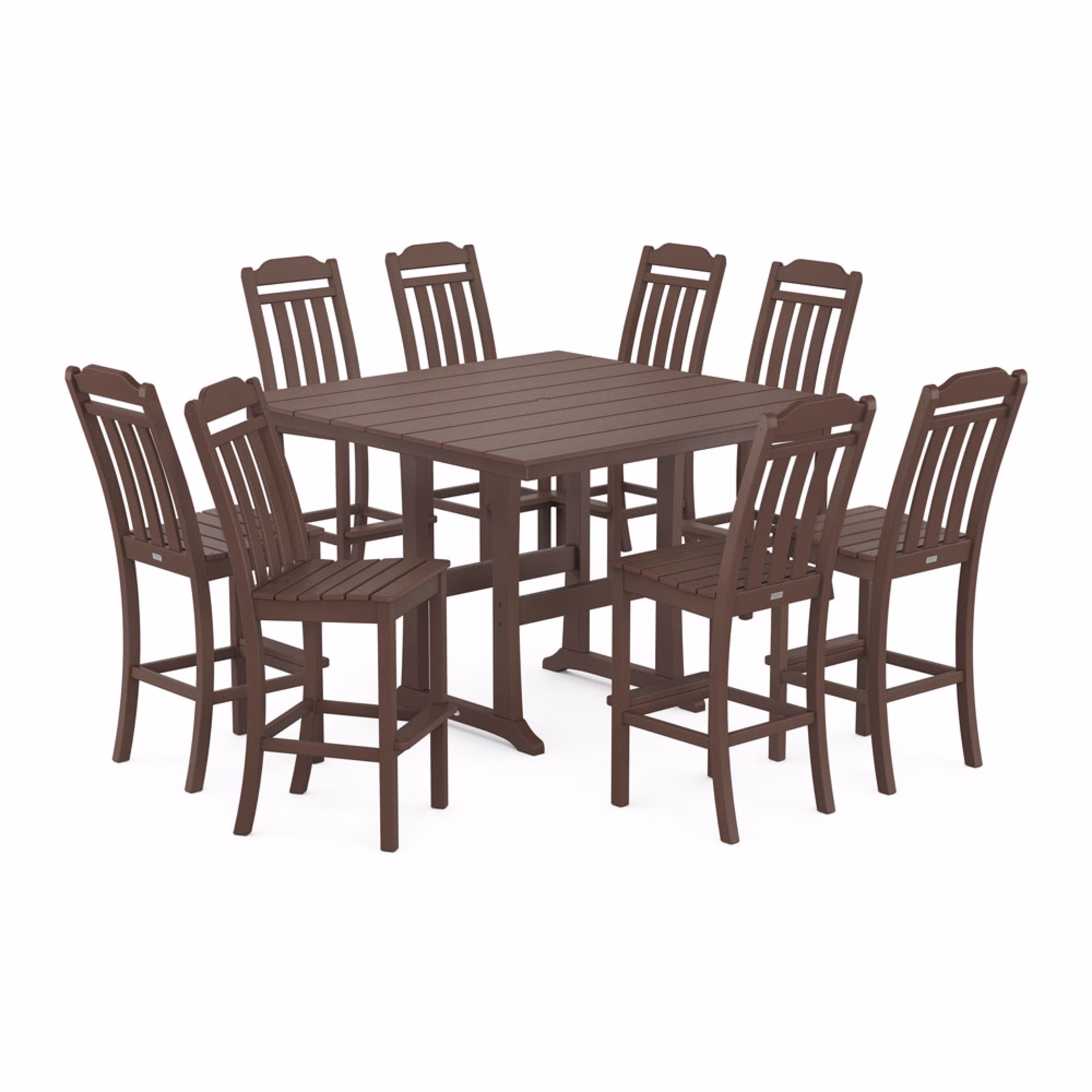 Polywood Cottage 9-Piece Square Farmhouse Side Chair Bar Set with Trestle Legs