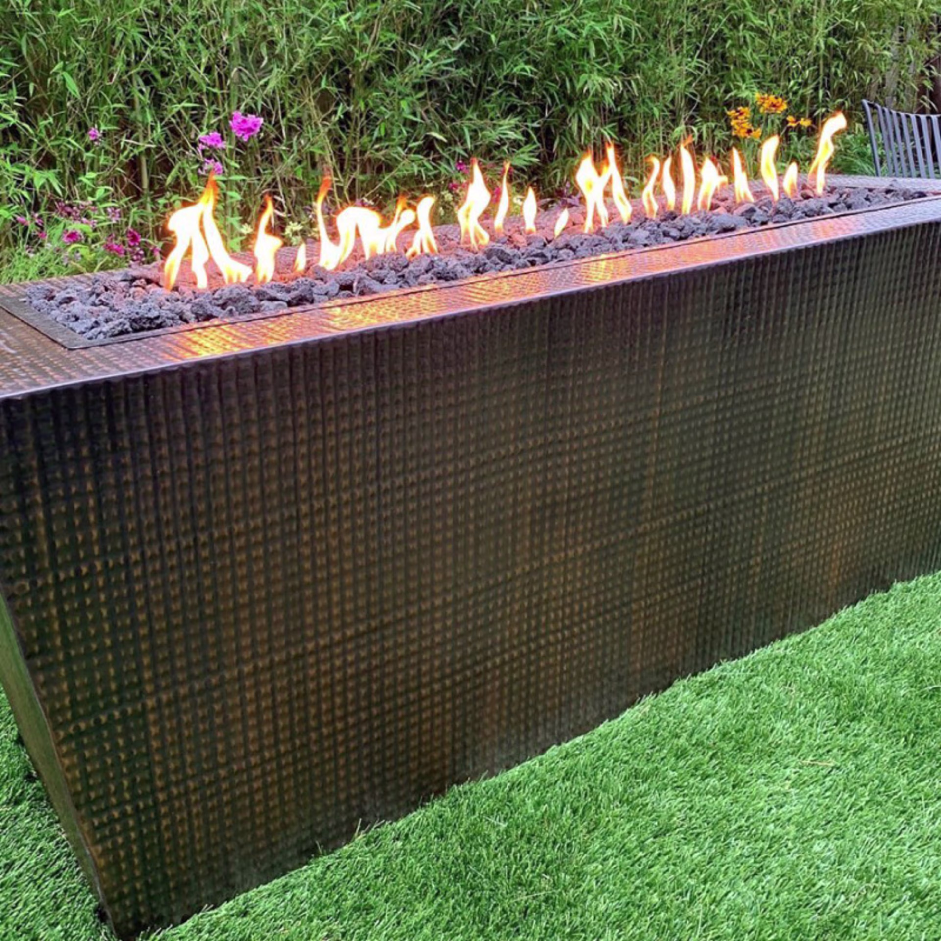 The Outdoor Plus Mesa 84" Rectangular Hammered Copper Gas Fire Pit w/ Hidden Tank