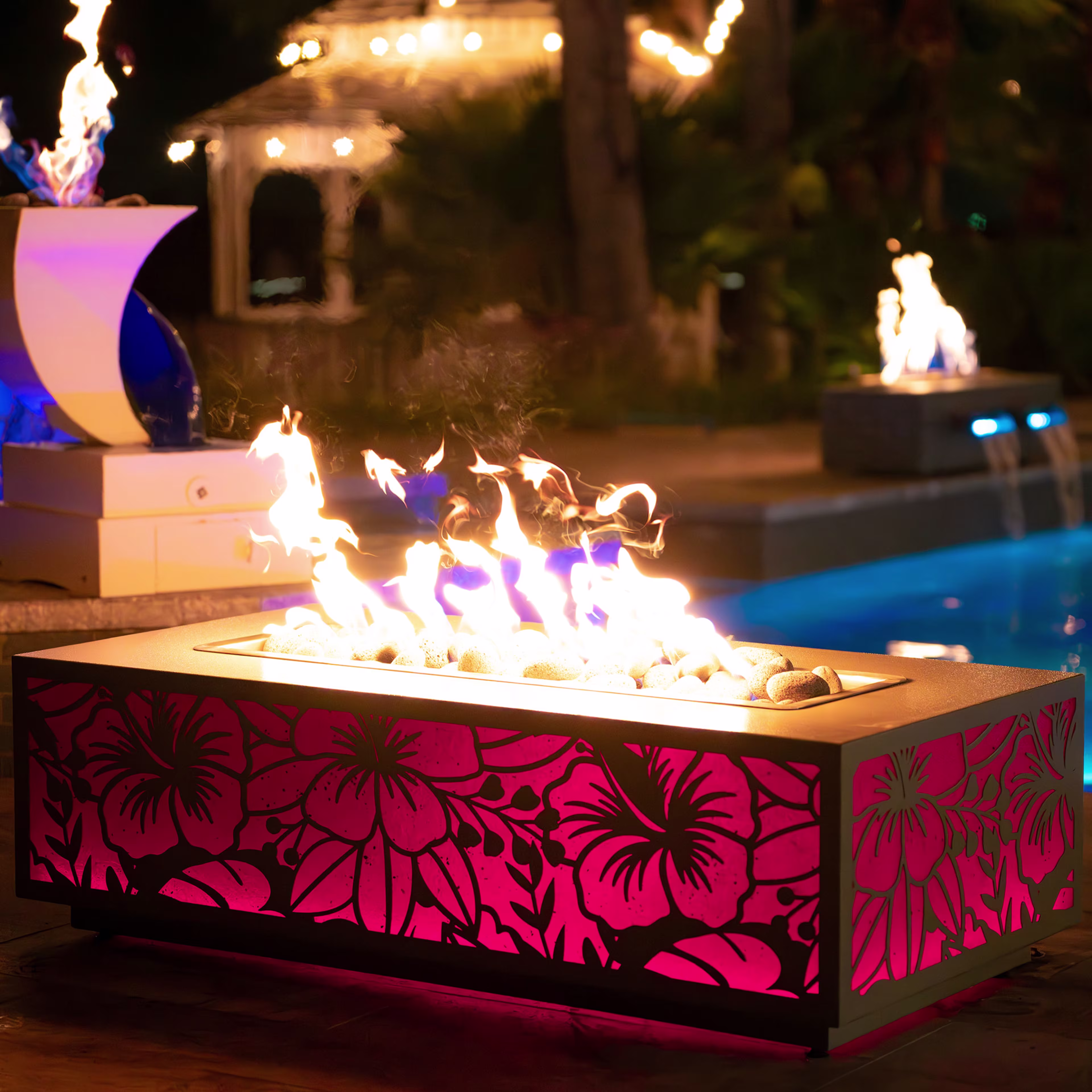 The Outdoor Plus Coronado 72" Rectangular Powder-Coated Steel Gas Fire Pit - Caribbean Edition LED