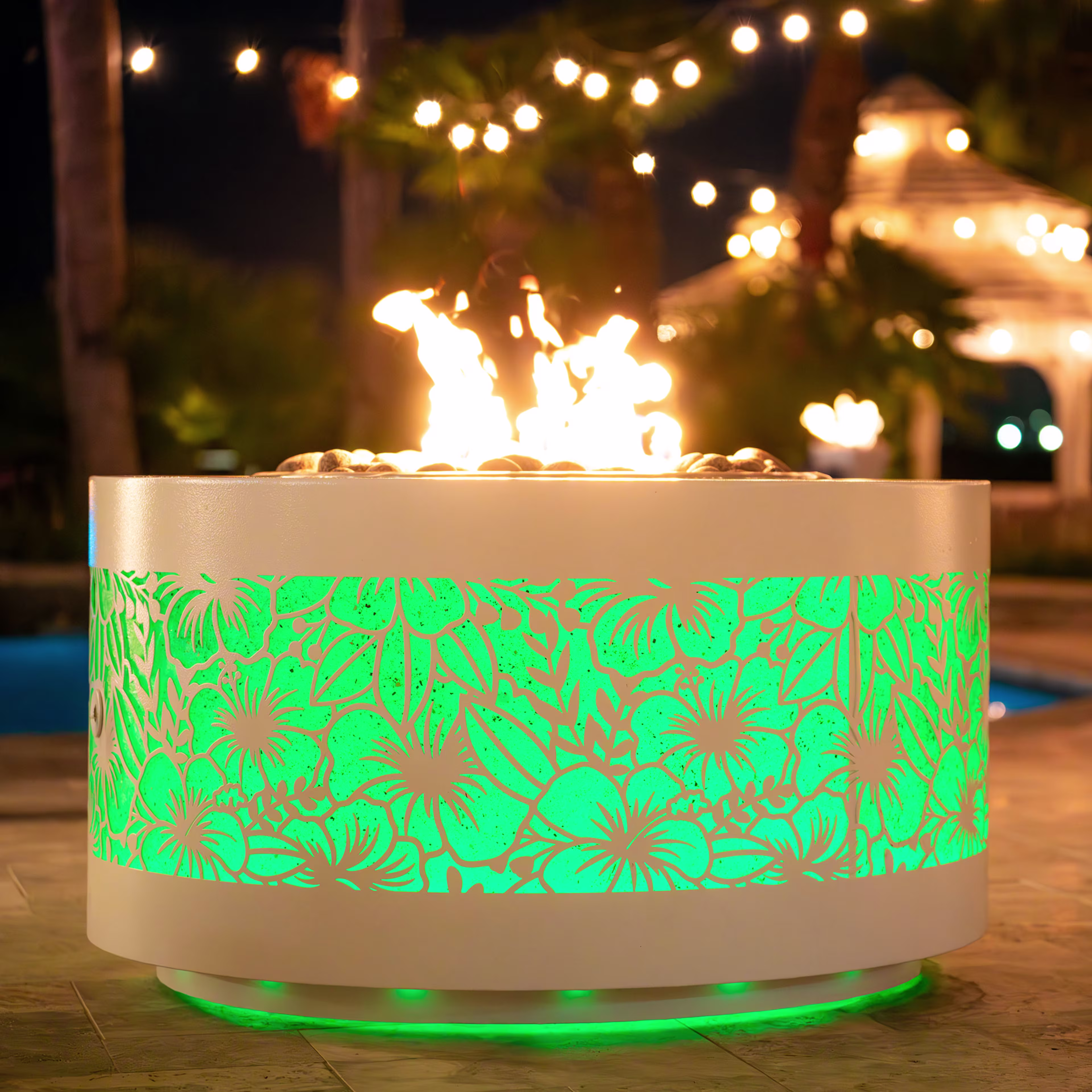 The Outdoor Plus Unity 60" Round Powder-Coated Steel Gas Fire Pit w/ Hidden Tank - Caribbean Edition LED