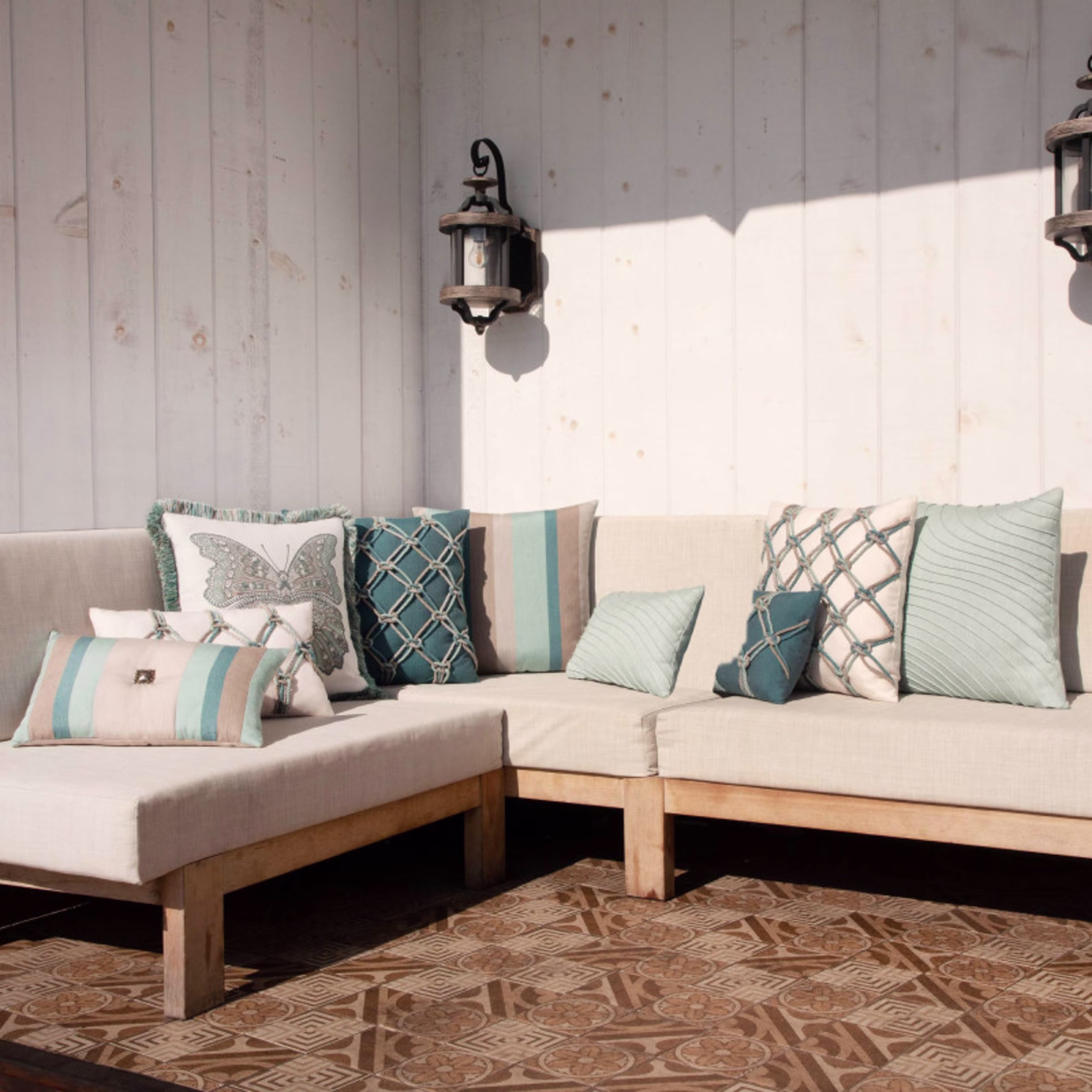 Elaine Smith 20" x 12" Aqua Rope Lumbar Sunbrella Outdoor Pillow