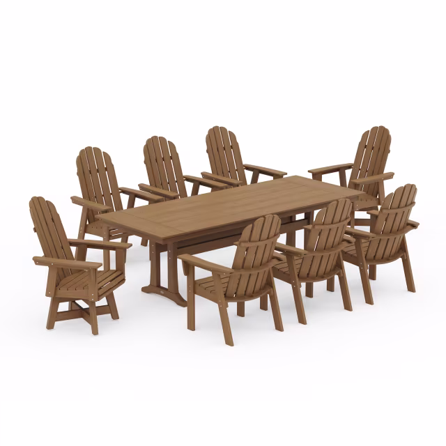 Polywood Vineyard 9-Piece Curveback Adirondack Swivel Farmhouse Dining Set with Trestle Legs