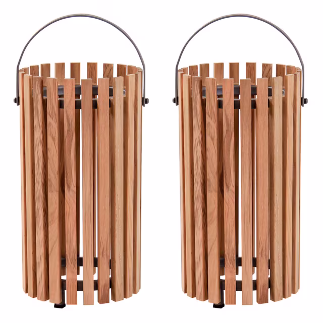 POVL Outdoor Qube Medium Teak Solar LED Lantern - Set of 2