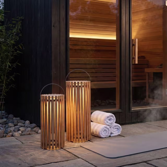 POVL Outdoor Qube Large & Medium Teak Solar LED Lantern - Set of 2