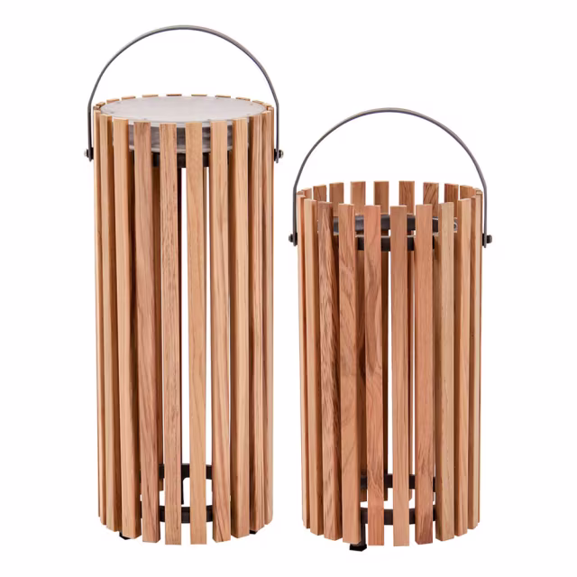 POVL Outdoor Qube Large & Medium Teak Solar LED Lantern - Set of 2