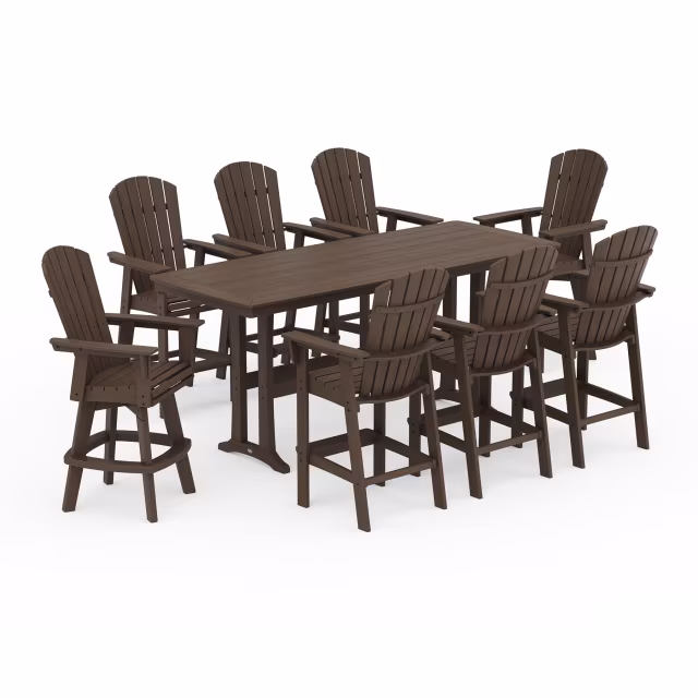 Polywood Nautical Curveback Adirondack Swivel 9-Piece Bar Set with Trestle Legs
