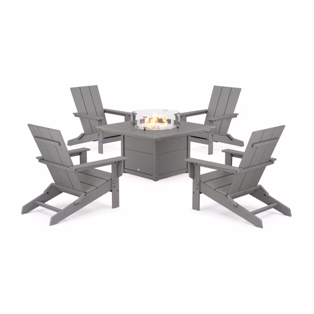 Polywood 5-Piece Modern Studio Folding Adirondack Conversation Set with Fire Pit Table
