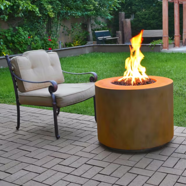 The Outdoor Plus Beverly 30" Round Cor-Ten Steel Gas Fire Pit w/ Hidden Tank