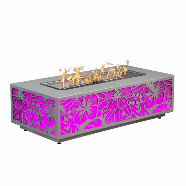 The Outdoor Plus Coronado 60" Rectangular Powder-Coated Steel Gas Fire Pit - Caribbean Edition LED