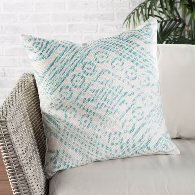 Jaipur Living 22" x 22" Malae Tribal Turquoise Cream Outdoor Pillow