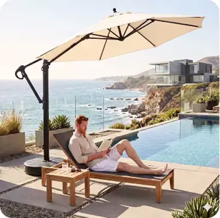 Woman reading beneath a large cantilever umbrella beside an oceanfront pool.