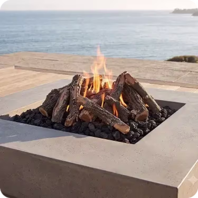 Gas fire pit with wooden logs.