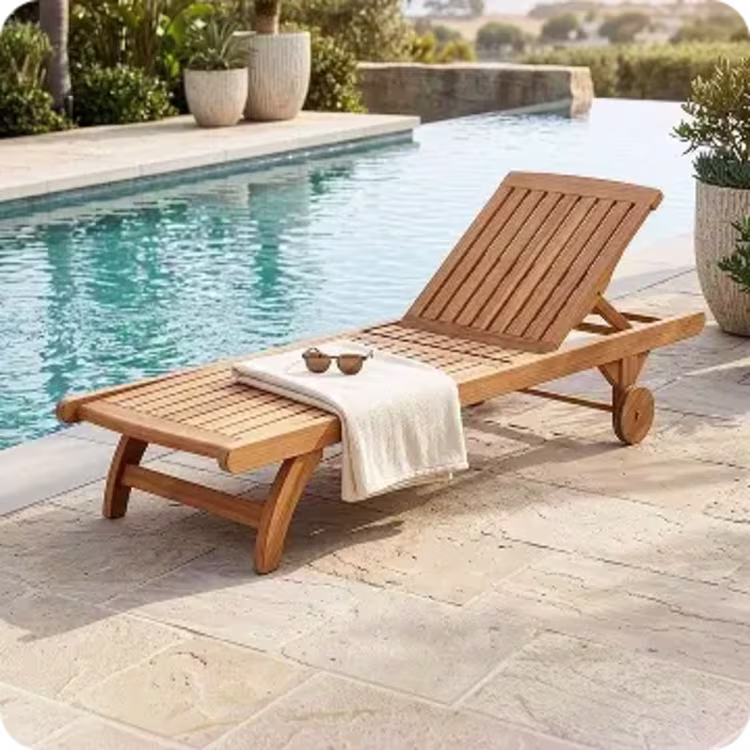 Teak wheeled poolside chaise lounge.