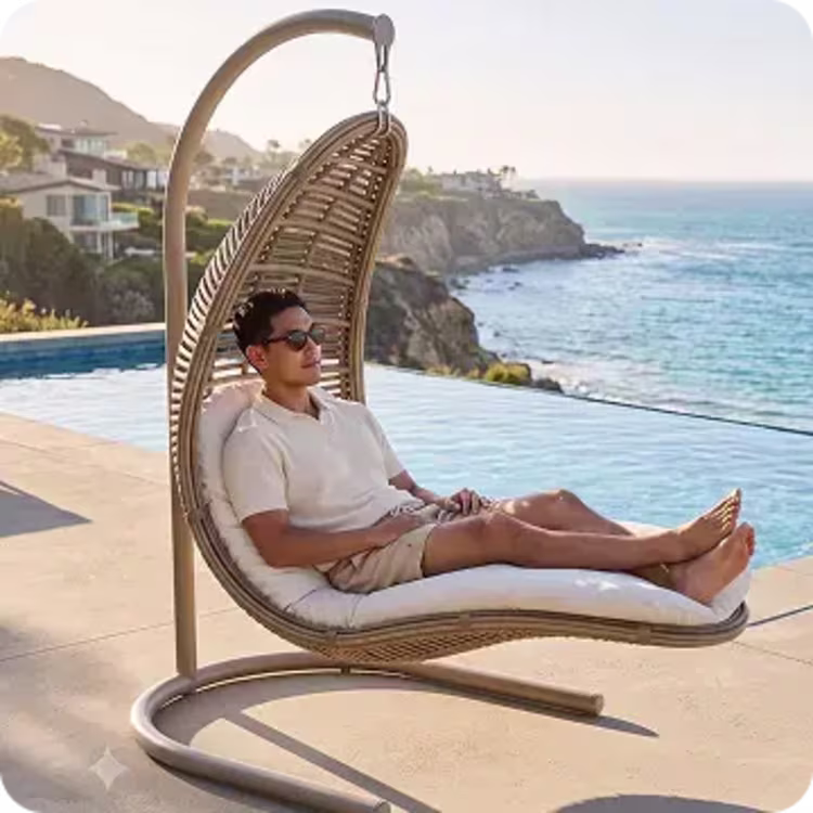 Man relaxing in a woven hanging lounge chair beside an infinity pool.
