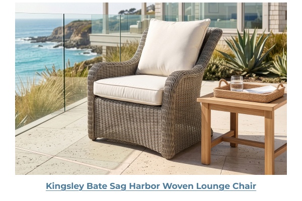 Woven outdoor armchair by the ocean. Image Text: Kingsley Bate Sag Harbor Woven Lounge Chair