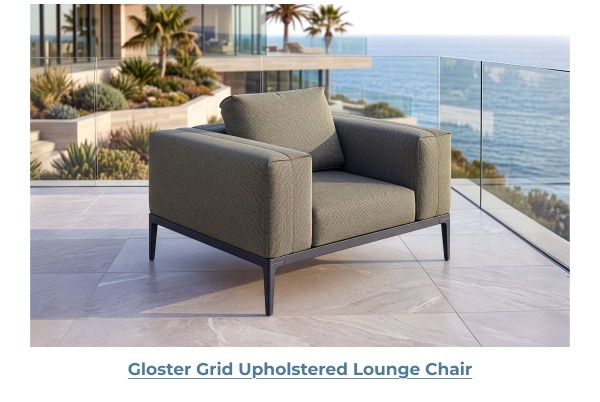 Modern grey upholstered outdoor lounge chair. Image Text: Gloster Grid Upholstered Lounge Chair