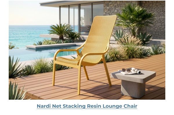 Yellow mesh outdoor highback lounge chair. Image Text: Nardi Net Stacking Resin Lounge Chair