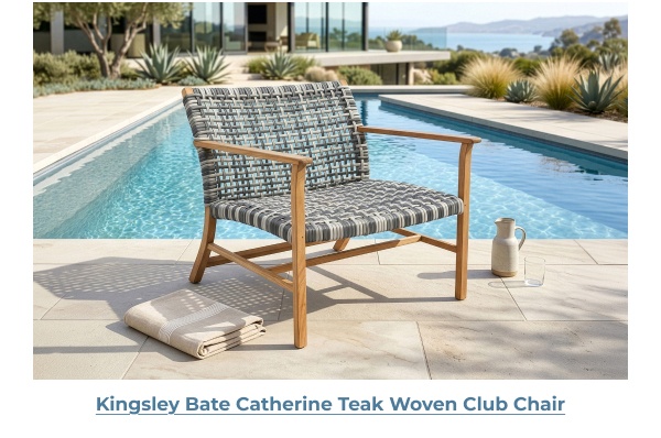 Woven patio club chair by pool. Image Text: Kingsley Bate Catherine Teak Woven Club Chair