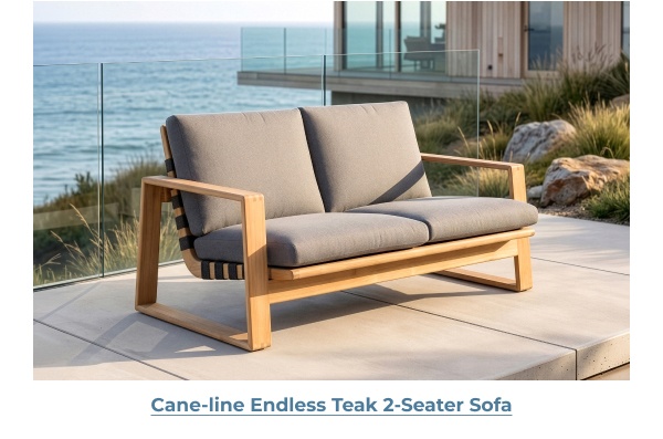 Teak outdoor sofa with grey cushions. Image Text: Cane-line Endless Teak 2-Seater Sofa