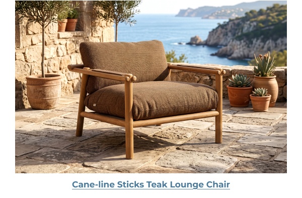 Teak lounge chair with brown cushions. Image Text: Cane-line Sticks Teak Lounge Chair