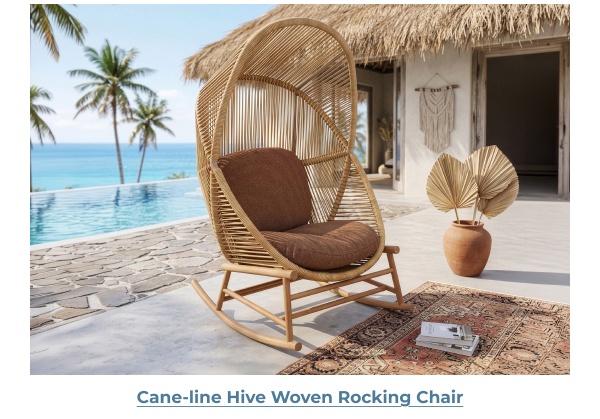 Woven hooded rocking chair near pool. Image Text: Cane-line Hive Woven Rocking Chair