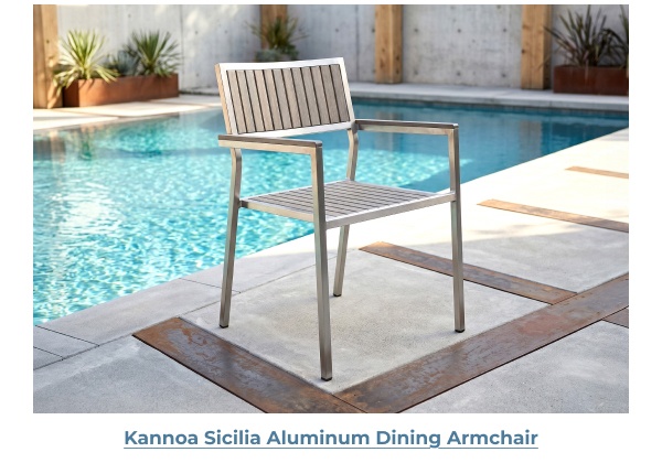 Aluminum dining armchair next to pool. Image Text: Kannoa Sicilia Aluminum Dining Armchair