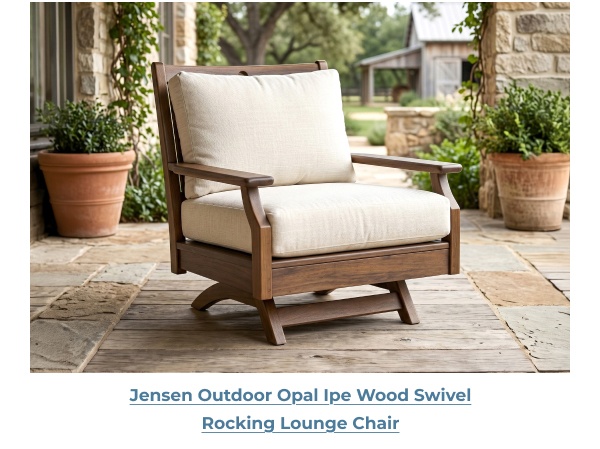 Wooden lounge chair with cream cushions. Image Text: Jensen Outdoor Opal Ipe Wood Swivel Rocking Lounge Chair
