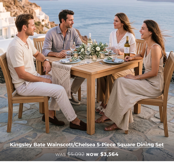 Four people dining at wooden table.
Image Text: Kingsley Bate Wainscott/Chelsea 5-Piece Square Dining Set WAS $5,092 NOW $3,564