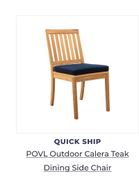 Wooden side chair with dark cushion. Image Text: QUICK SHIP POVL Outdoor Calera Teak Dining Side Chair