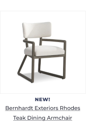 Modern outdoor armchair with white cushions. Image Text: NEW! Bernhardt Exteriors Rhodes Teak Dining Armchair
