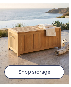 Wooden storage chest on outdoor patio. Image Text: Shop storage