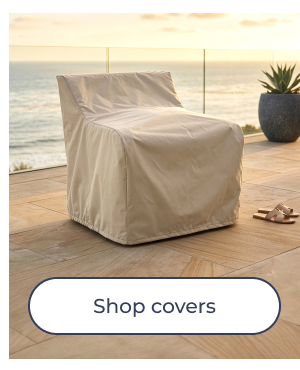 Covered outdoor armchair near the ocean. Image Text: Shop covers
