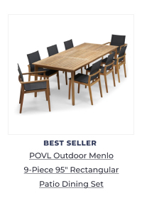 Large teak dining set with chairs. Image Text: FREE SHIPPING POVL Outdoor Menlo 9-Piece 95in Rectangular Patio Dining Set