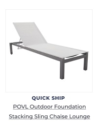 Modern grey outdoor chaise lounge chair. Image Text: QUICK SHIP POVL Outdoor Foundation Stacking Sling Chaise Lounge