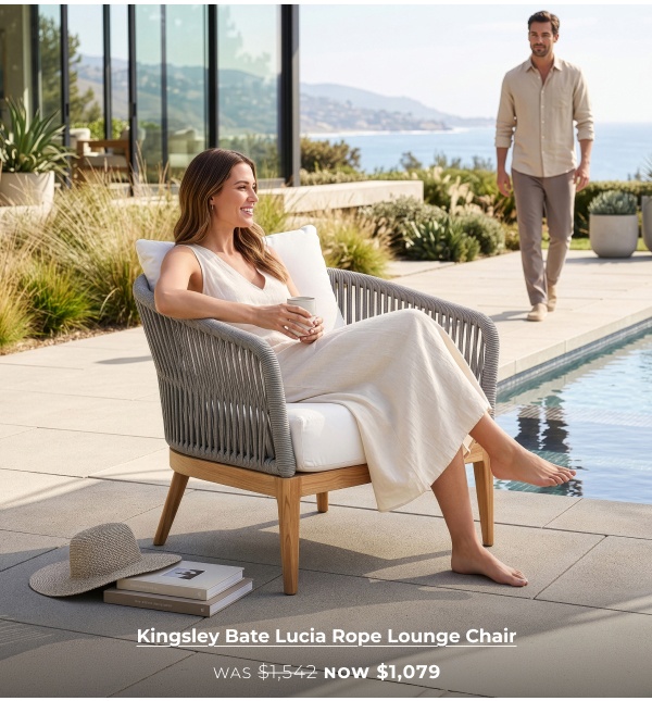 Woman sitting in rope lounge chair. Image Text: Kingsley Bate Lucia Rope Lounge Chair WAS $1,542 NOW $1,079