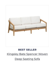 Wooden outdoor sofa with white cushions. Image Text: BEST SELLER Kingsley Bate Spencer Woven Deep Seating Sofa