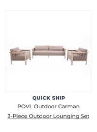 Three-piece outdoor sofa and armchair set. Image Text: QUICK SHIP POVL Outdoor Carman 3-Piece Outdoor Lounging Set