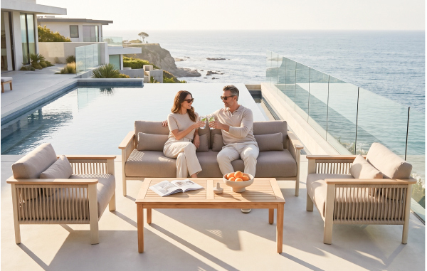 Couple relaxing on the POVL Outdoor Carman 3-Piece Lounging Set by the ocean