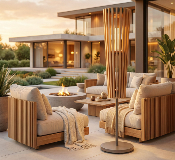 POVL Outdoor Björk Teak Solar LED Floor Lamp on a luxury patio at dusk