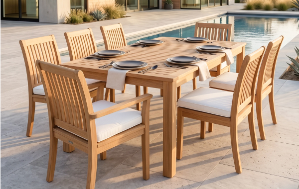 Kingsley Bate Wainscott Chelsea teak dining set beside a luxury pool