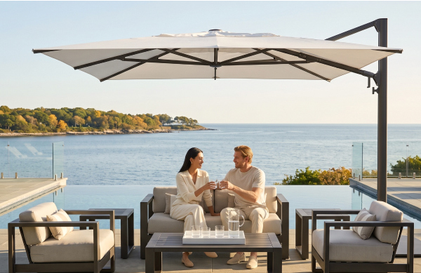 Couple relaxing beneath a Shademaker Polaris cantilever umbrella by the water