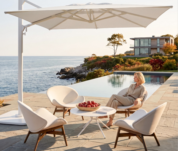 Woman relaxing beneath a cantilever umbrella beside an oceanfront pool