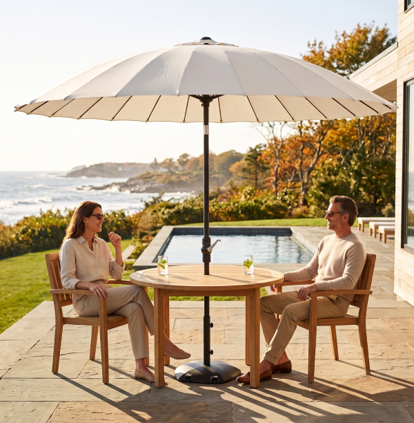 Couple seated beneath a Treasure Garden Shanghai umbrella beside a pool