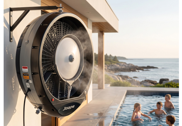 EcoJet Hurricane wall-mounted misting fan cooling a poolside patio