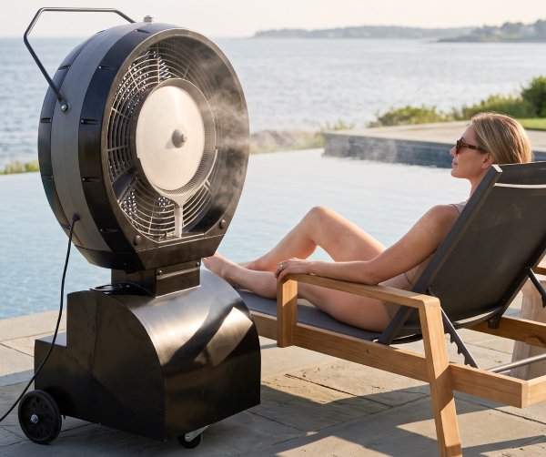 Woman cooling off beside an EcoJet standing misting fan near an oceanfront pool