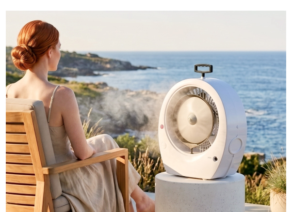 EcoJet Bob tabletop misting fan cooling a woman on a coastal patio