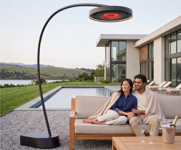 Couple relaxing beneath a Bromic Eclipse portable electric patio heater