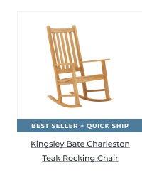 Wooden outdoor rocking chair product photo. Image Text: BEST SELLER + QUICK SHIP Kingsley Bate Charleston Teak Rocking Chair