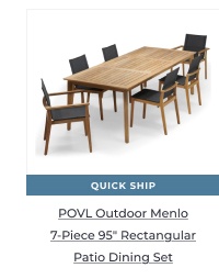Modern teak dining set product photo. Image Text: QUICK SHIP POVL Outdoor Menlo 7-Piece 95in Rectangular Patio Dining Set