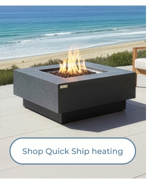 Square dark concrete fire pit burning. Image Text: Shop Quick Ship heating